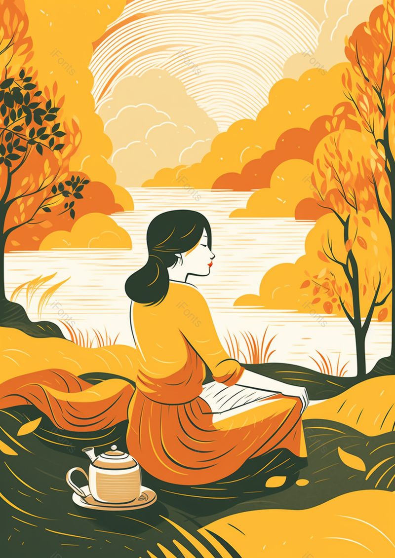 秋天里一个女孩在树下安静的背景,插画/手绘图,插画/手绘图库,插画/手绘图下载,插画/手绘